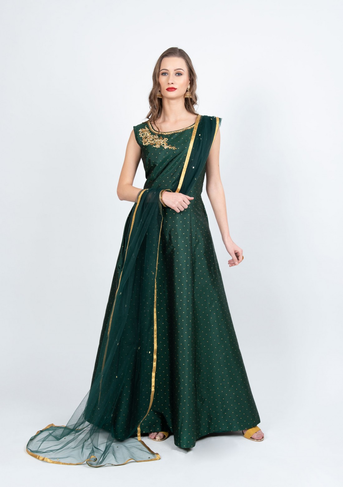 Dark Green Flared Gown With Dupatta ...